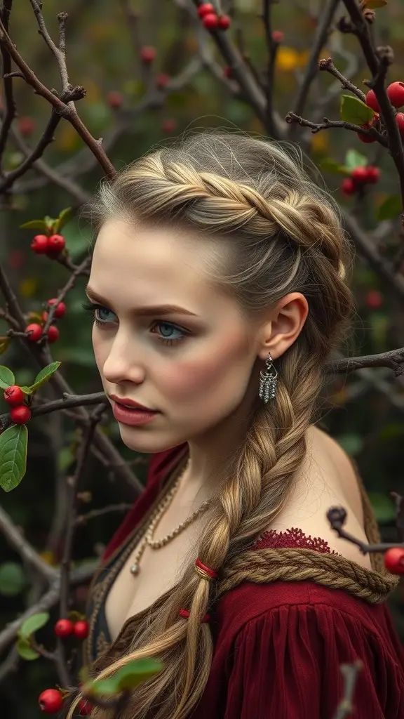 A woman with a braided hairstyle, surrounded by greenery, showcasing a Thorned Halo look.