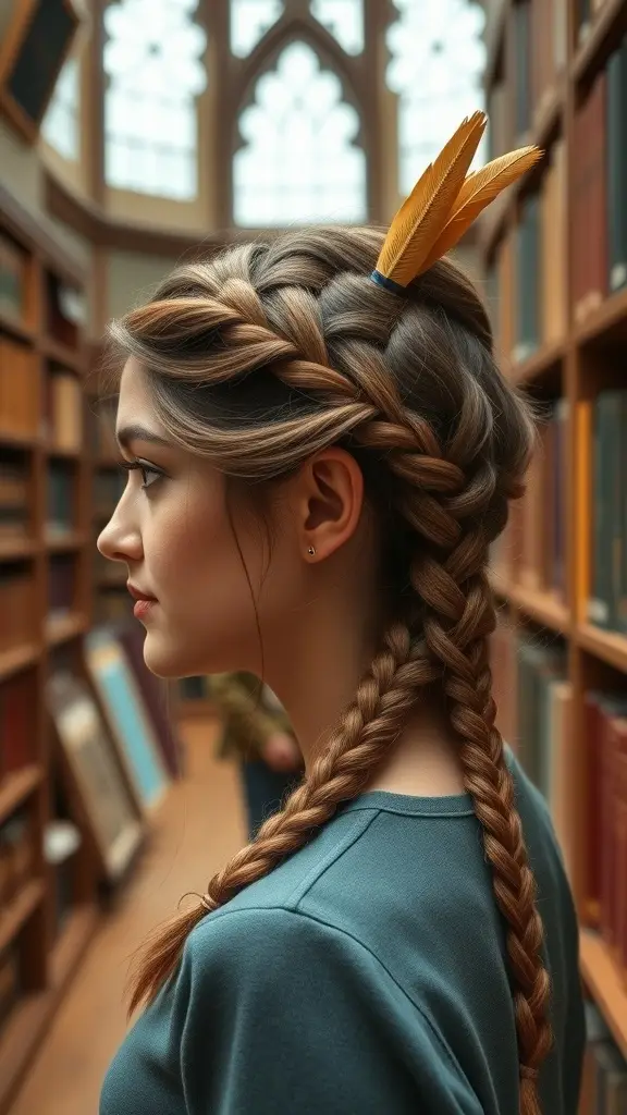 A woman with a stylish braid adorned with a golden feather, set against a backdrop of bookshelves.