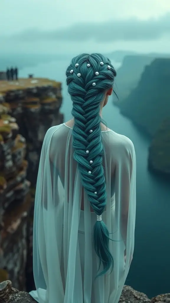 A woman with a seafoam green braid adorned with pearls, standing near a cliff by the water.