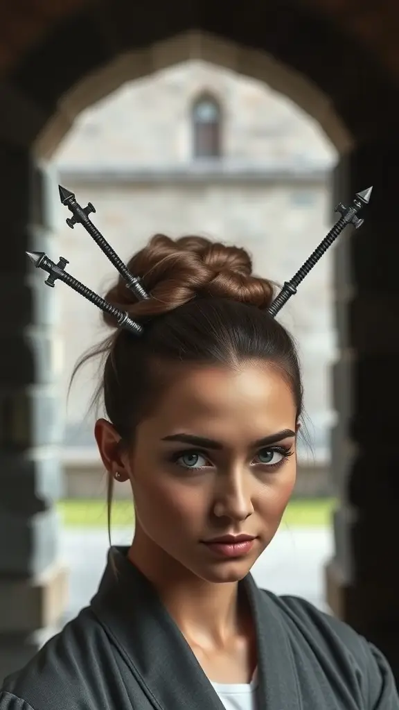A woman with a chic bun hairstyle, wearing a necklace, posing in a stone archway.
