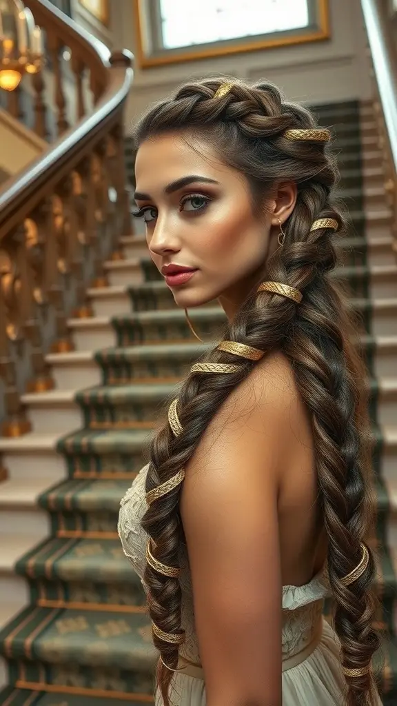 A woman with a Gilded Snake Wrap hairstyle, featuring golden accents in a braid, standing on a grand staircase.