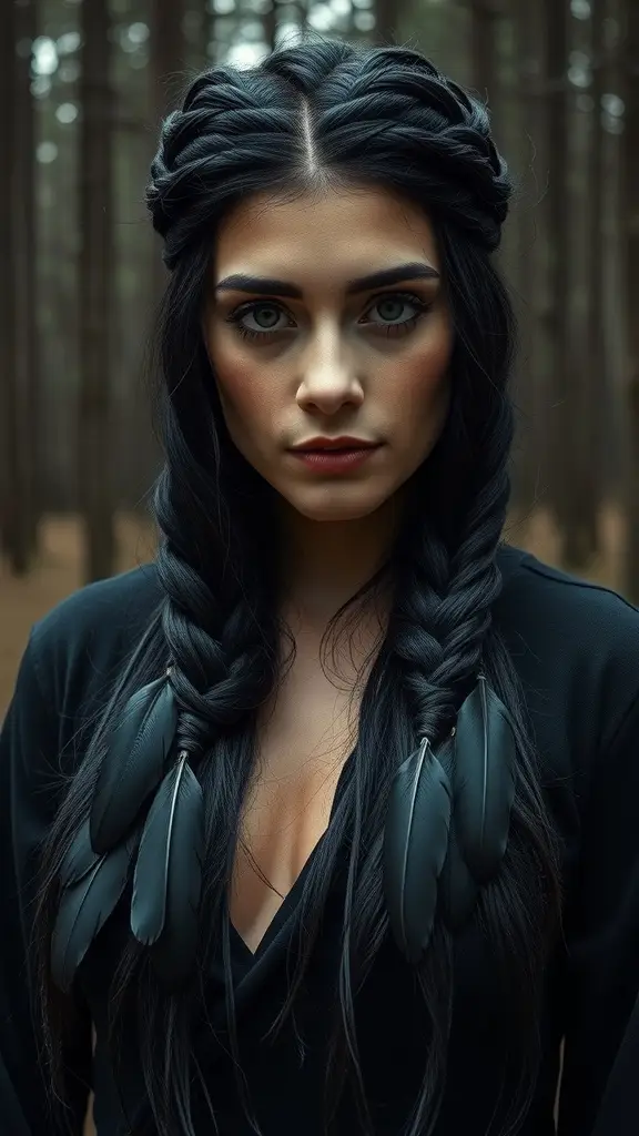 A woman with intricate braids styled in the Shadow Sisters Knot, wearing leaf-shaped earrings, set against a foggy forest background.