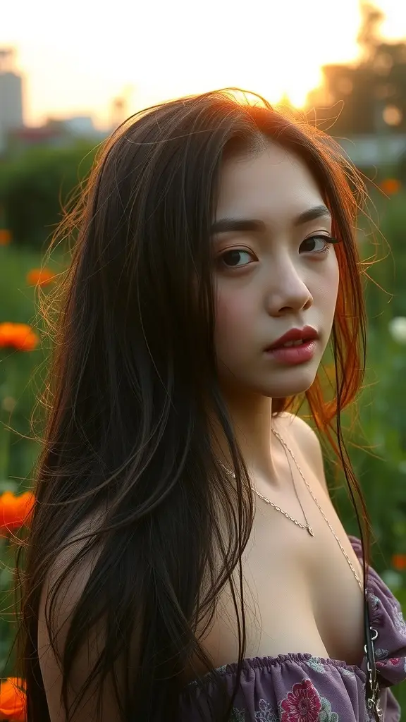 A woman with flowing hair styled in Dewdrop Tresses, surrounded by nature.