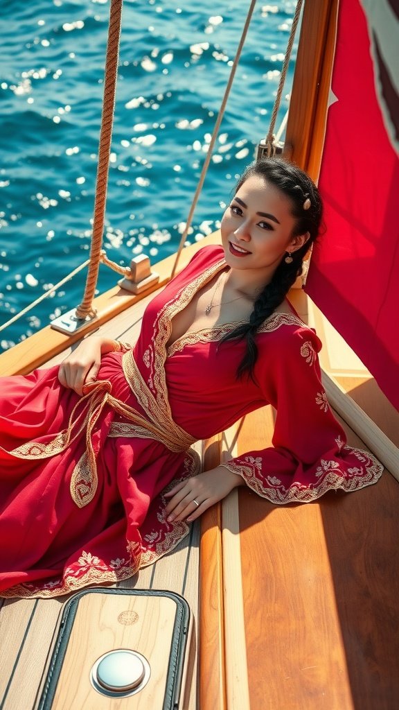 A woman in a cherry silk gown lounging on a boat on the Blackwater.
