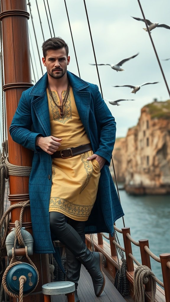 A man in an indigo overcoat and yellow linen layers stands on a boat, with seagulls flying around him.