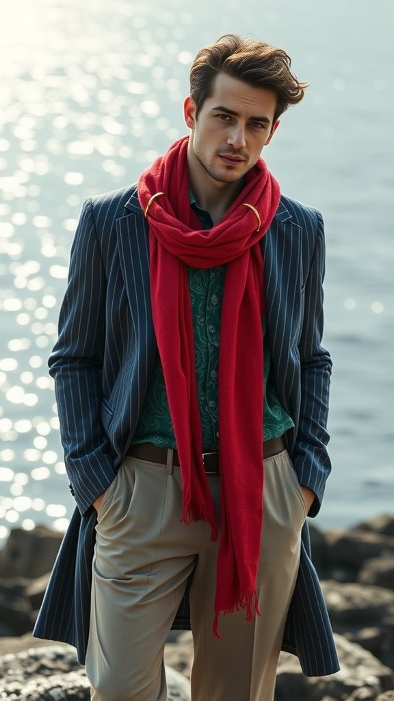 A stylish man wearing a mixed print outfit with a red scarf by the water.