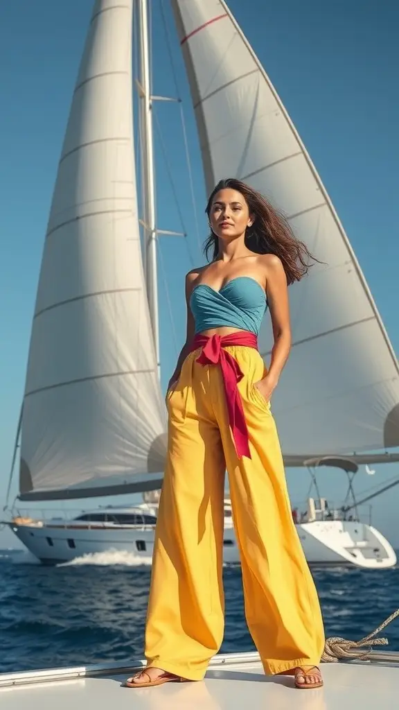 A woman in a blue top and yellow pants stands on a sailboat with white sails in the background.