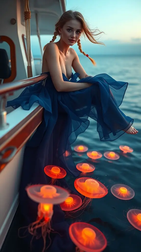 A woman leaning over the railing of a boat, with glowing jellyfish in the water beneath her.
