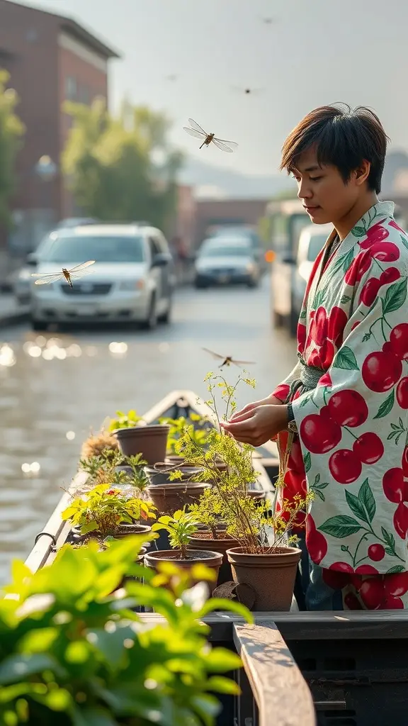 A young person in a cherry-patterned kimono tending to plants on a boat with dragonflies flying around.