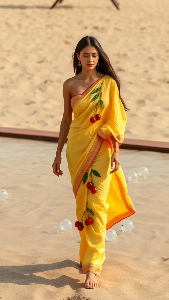 A woman in a yellow saree with cherry motifs walking on the beach, showcasing a blend of traditional and modern fashion.