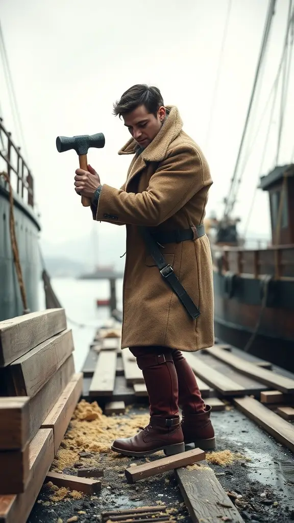 A boatwright in a yellow coat working on a boat at the docks, surrounded by wooden planks and tools.