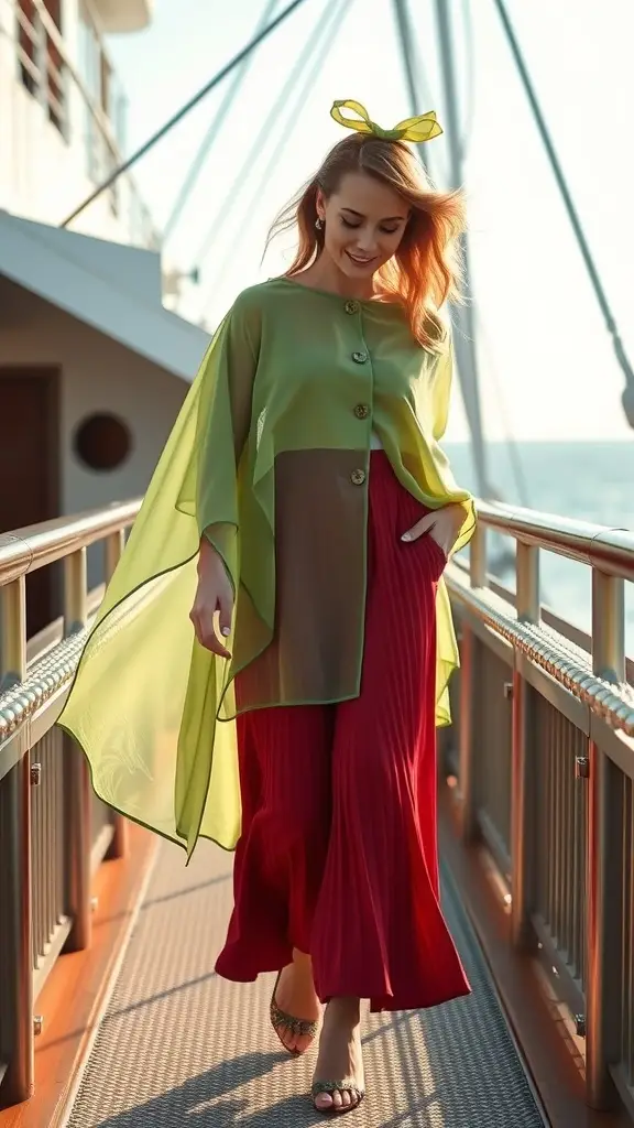 A model in a green cape and burgundy skirt walking barefoot on a sunny dock.