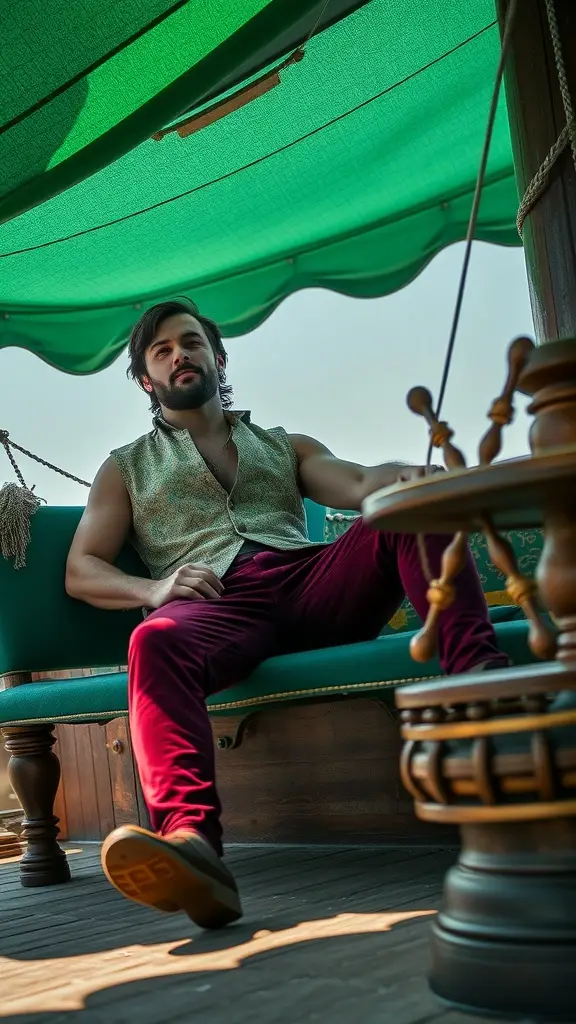 A man in a stylish vest and burgundy pants lounging on a boat under a green canopy.