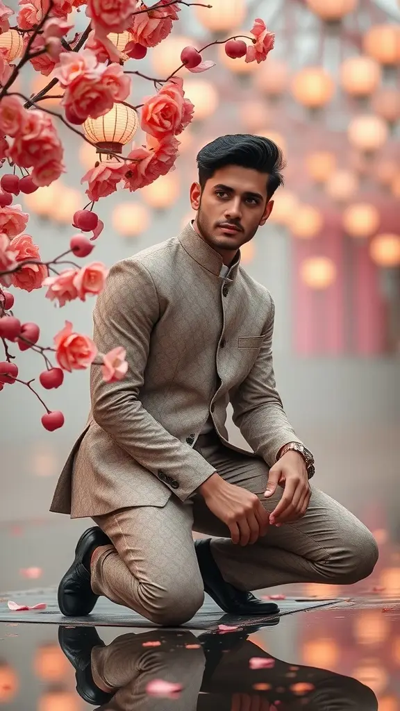 A stylish individual in a tailored outfit surrounded by cherry blossoms and lanterns, representing a fashionable boating look.