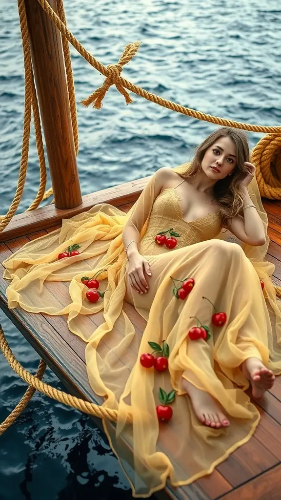 A woman in a yellow dress lounging on a boat deck with cherries around her.