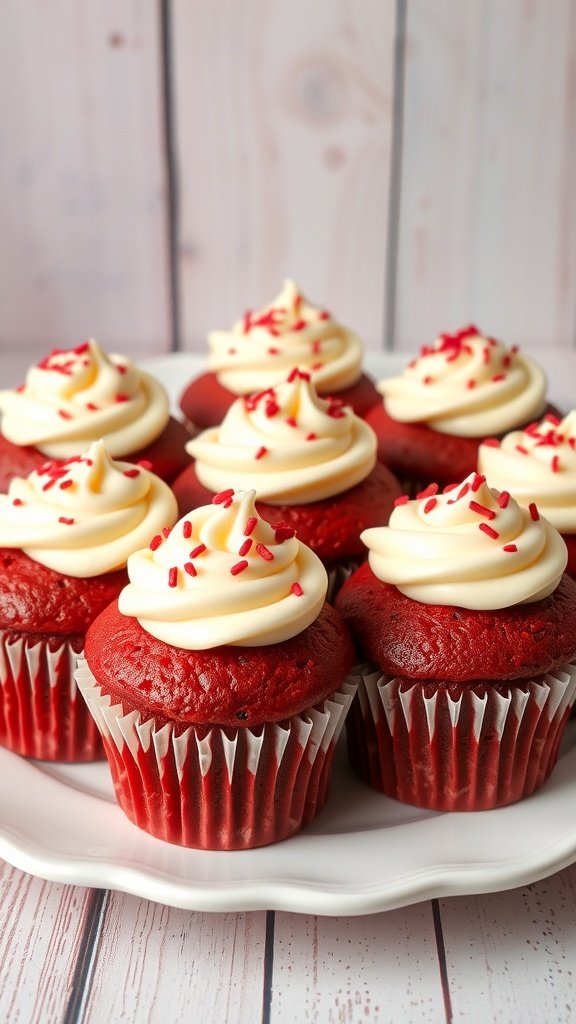 A plate of colorful red velvet cupcakes with swirled purple and white frosting, decorated with sprinkles.