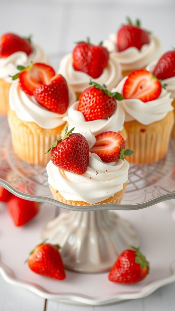 Colorful strawberry shortcake cupcakes with swirled frosting and fresh strawberries on top, set against a cosmic background.