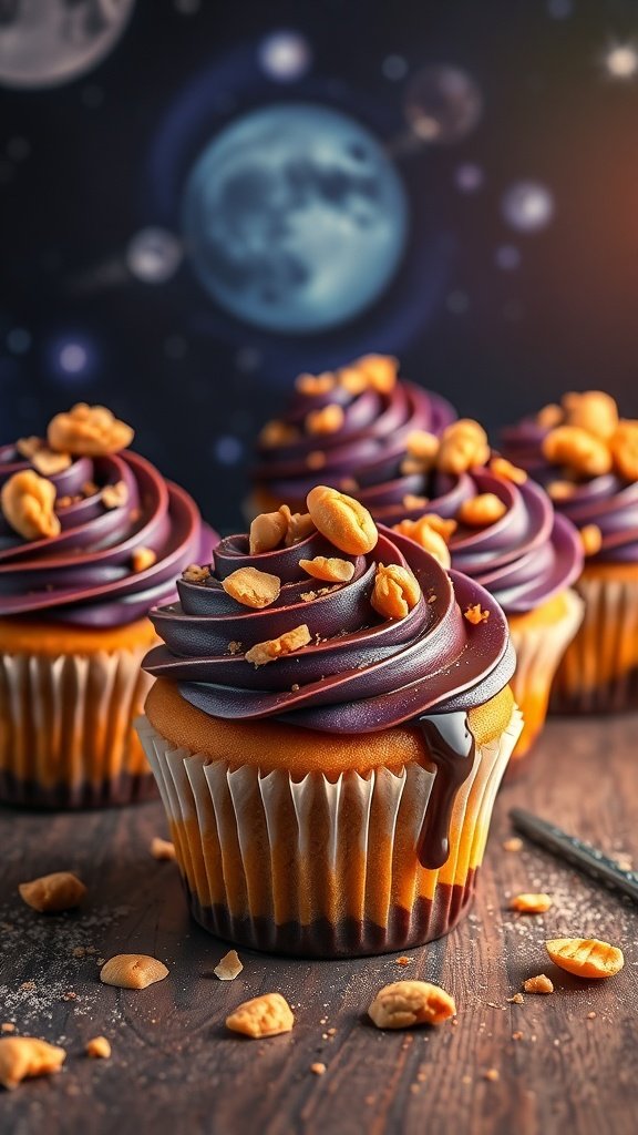 Delicious peanut butter cupcakes with chocolate frosting and crushed peanuts, set against a cosmic background.