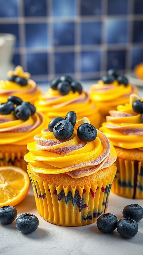 Lemon Blueberry Cupcakes with vibrant yellow frosting and fresh blueberries on top