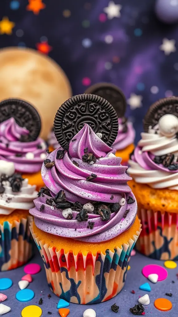 Colorful cookies and cream cupcakes with purple and white frosting, topped with Oreo cookies, set against a space-themed background.