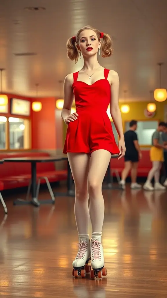 A model in a red romper and roller skates, showcasing a 1960s inspired fashion look.