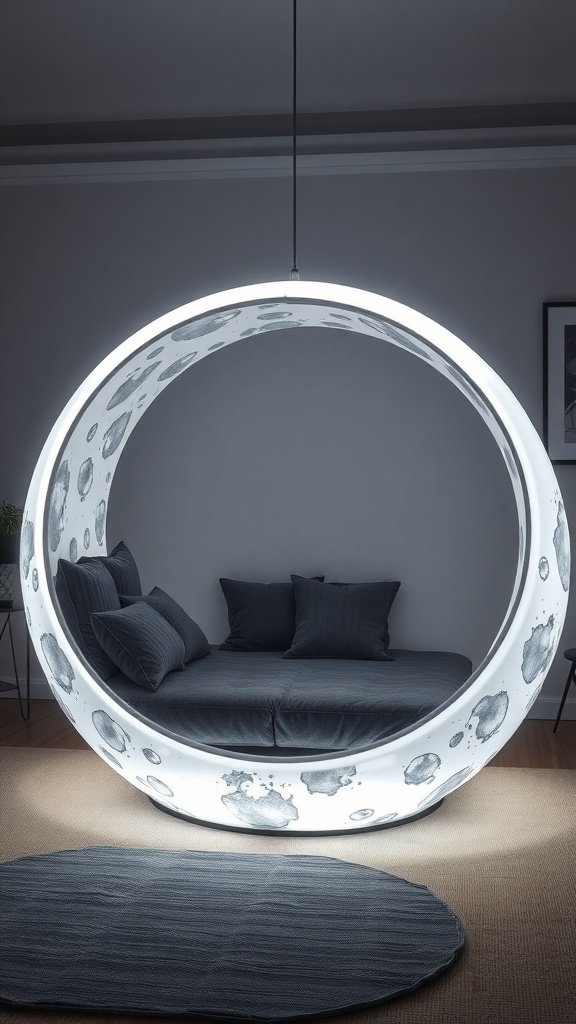 A futuristic daybed designed like a crescent moon with soft cushions and glowing edges.
