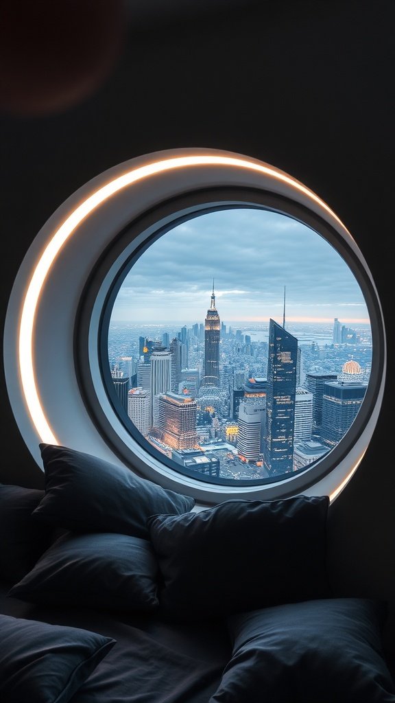 A modern City Halo Recliner with a circular window view of a city skyline.