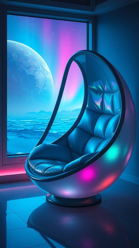 A futuristic daybed resembling a pod with soft padding and glowing lights, set against a cosmic backdrop.