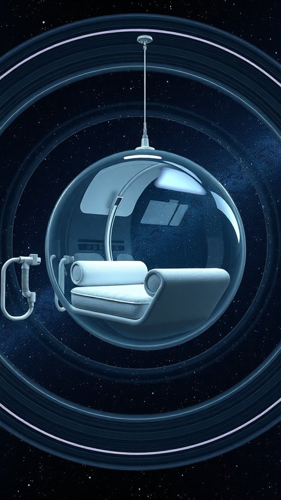 A futuristic gravity-free nap module resembling a spherical pod, designed for relaxation in a space-like setting.