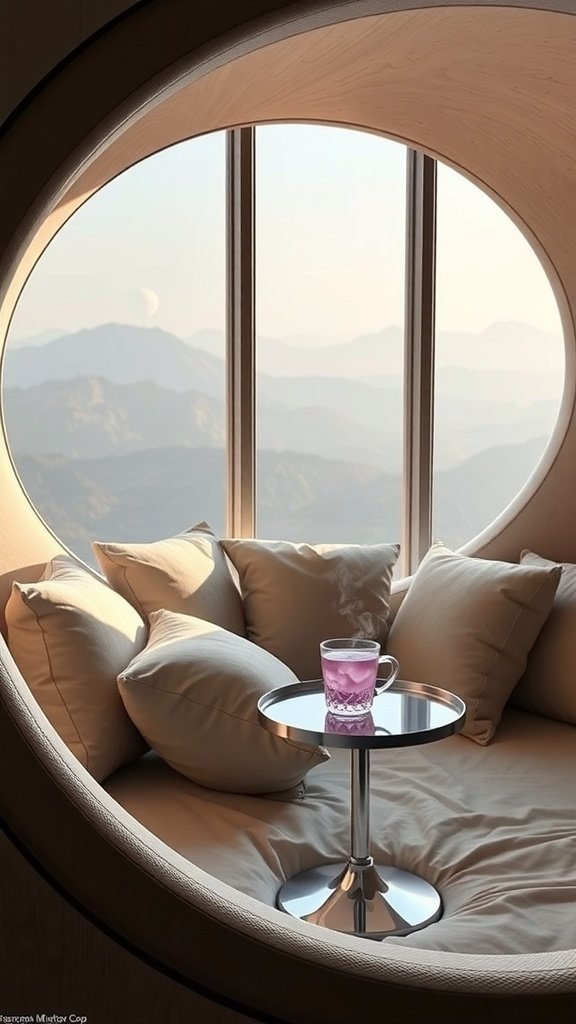 A futuristic daybed inspired by Saturn's rings, with a view of the moon through a round window.