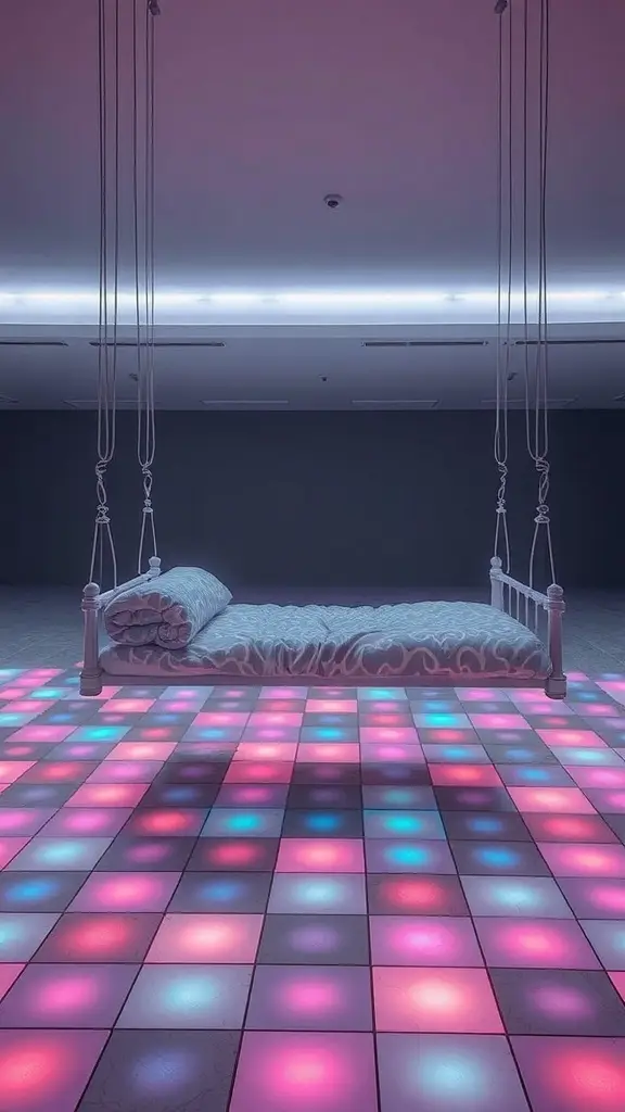 A futuristic daybed suspended from the ceiling, with colorful illuminated tiles on the floor.