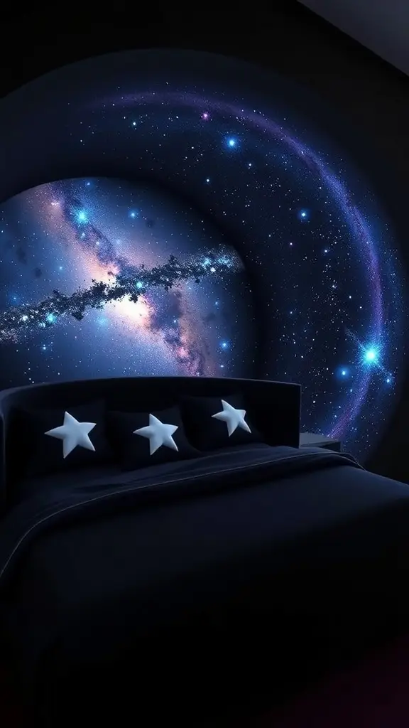 A futuristic daybed with a galaxy mural backdrop, featuring plush cushions and star-patterned pillows.