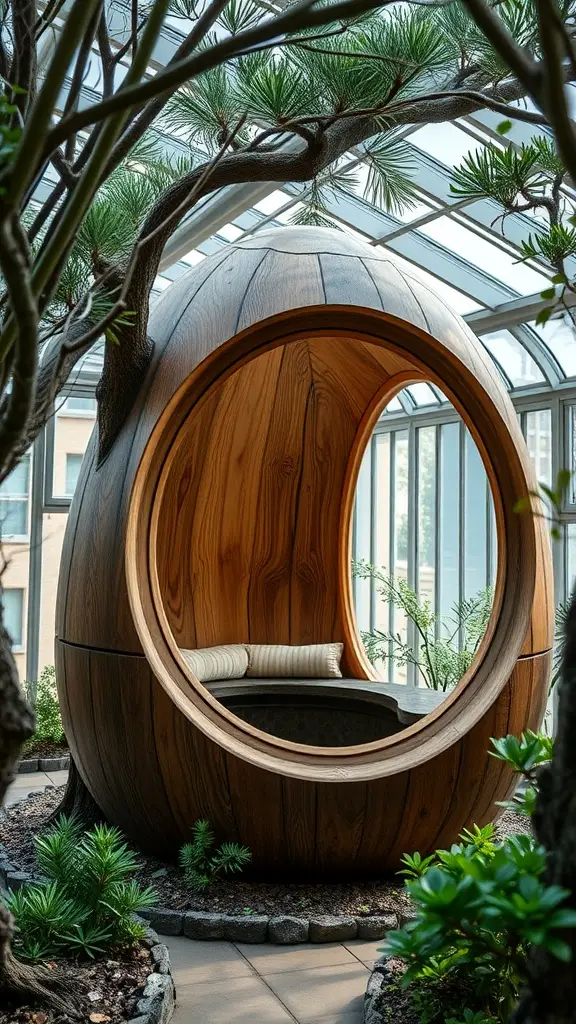 A futuristic wooden daybed shaped like an egg, surrounded by greenery in a glass-enclosed space.