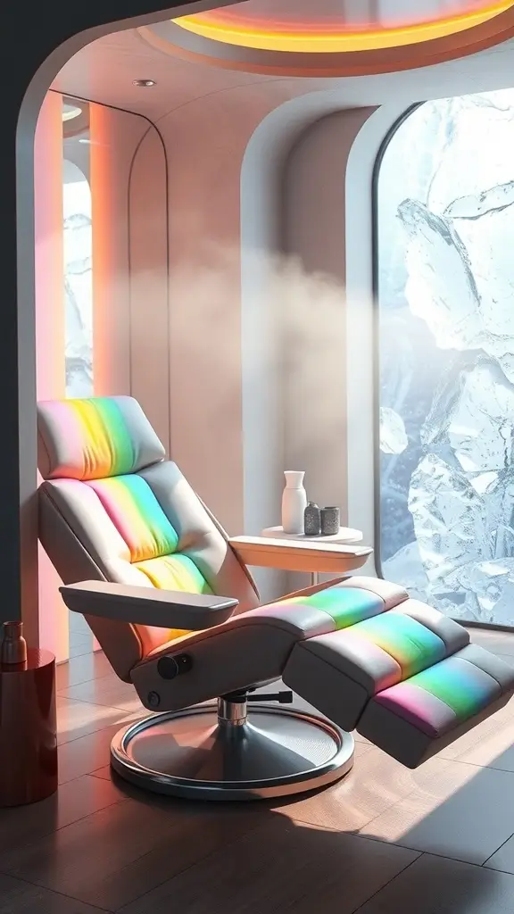 A futuristic daybed with rainbow stripes in a cozy chamber with an icy window view.