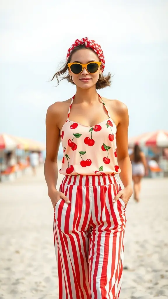 A woman in a cherry-patterned top and red striped pants, wearing a polka-dot headband and sunglasses, standing on a beach.