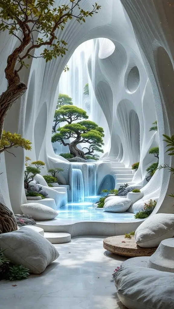 A modern, minimalist lounge area featuring a futuristic daybed, bonsai trees, and soft lighting.