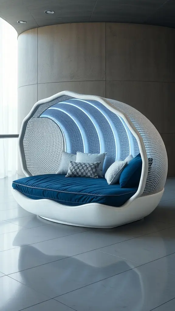 A futuristic daybed with a shell-like design, featuring blue cushions and glowing interior lights.
