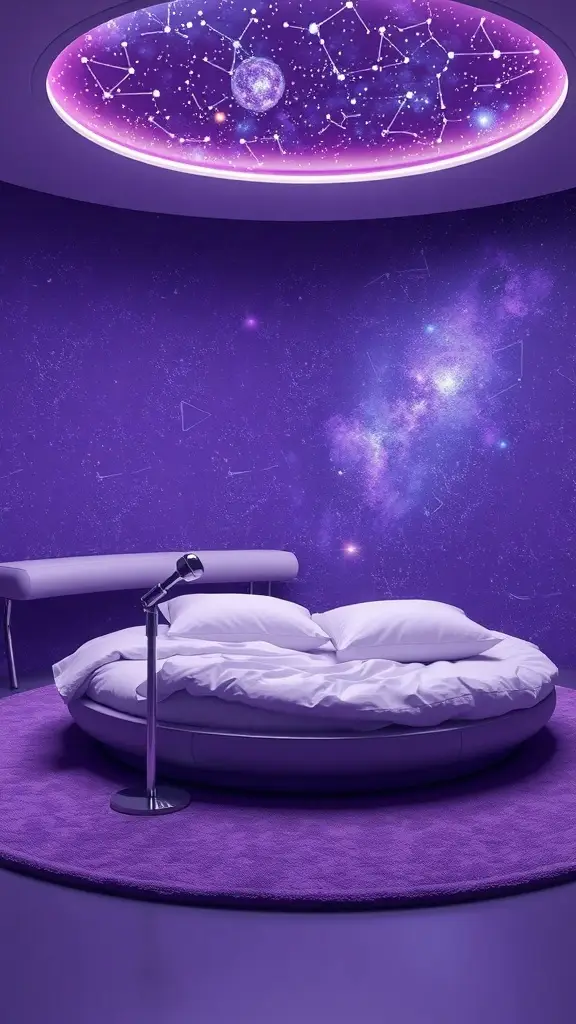 A futuristic daybed in a purple room with a starry ceiling and circular seating.
