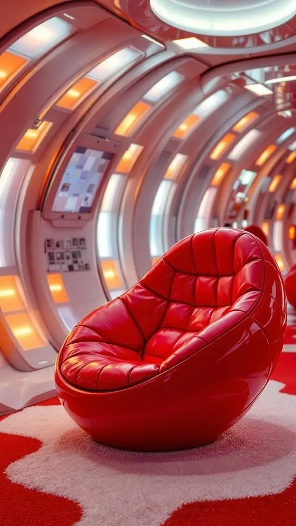 A vibrant red bean-shaped cocoon chair in a modern setting with bright lighting and stylish decor.