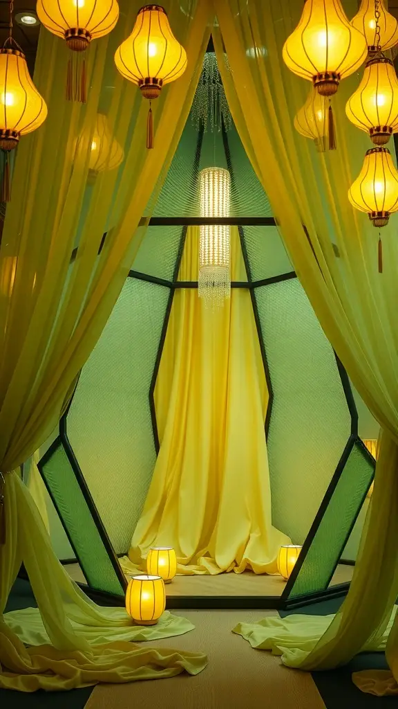 A futuristic daybed with yellow drapes and lanterns, creating a cozy atmosphere.