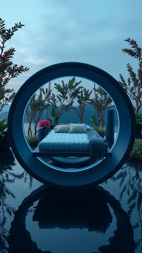 A futuristic daybed design featuring a circular frame, surrounded by plants and a reflective surface.