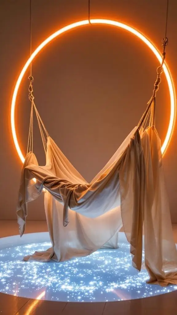 A futuristic hammock suspended in a circular light frame, with a pool in the foreground.
