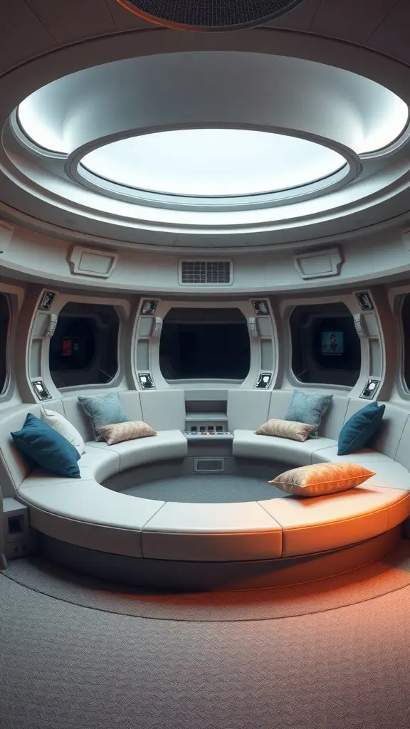 A futuristic lounge area with a circular daybed, soft cushions, and a skylight.