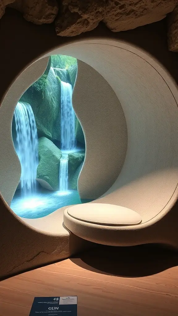 A round, textured recliner with a cozy interior, set against a backdrop of waterfalls.