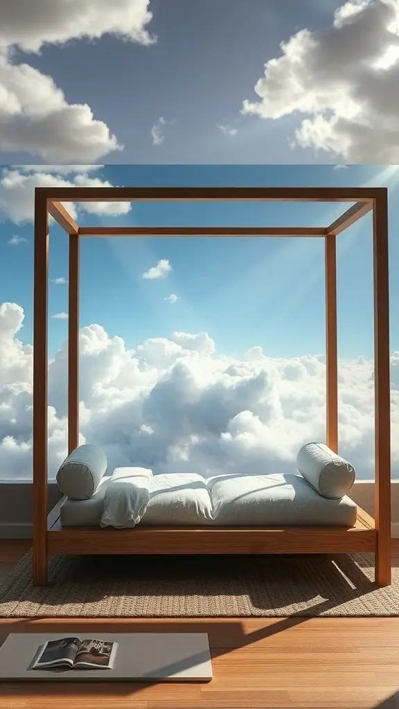 A minimalist wooden daybed framed by clouds and a blue sky, representing a futuristic design.