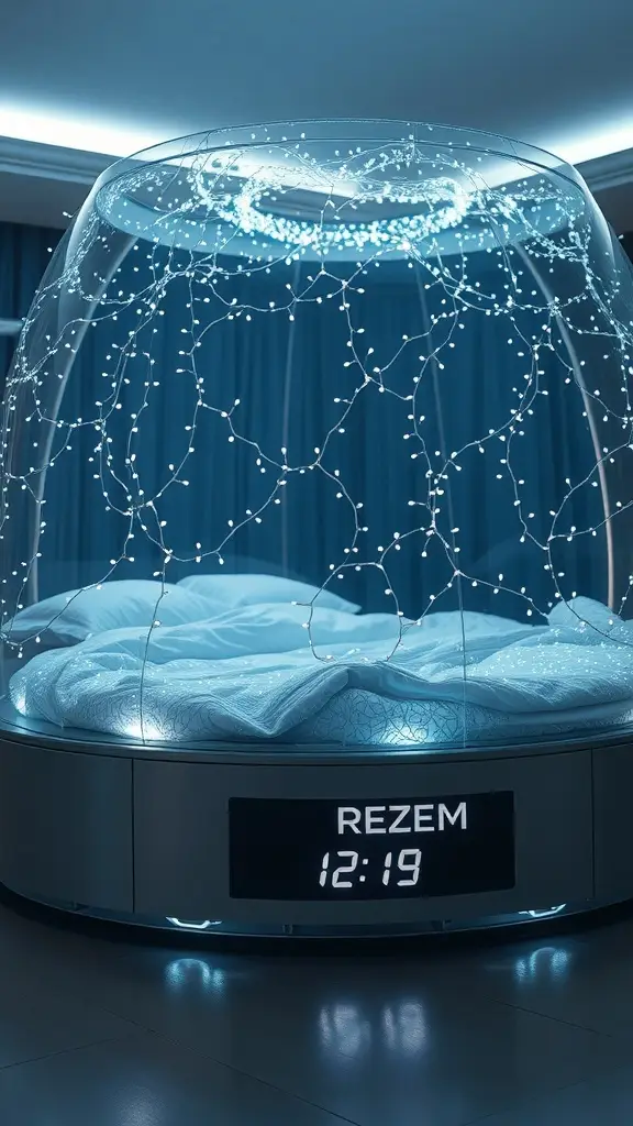 A futuristic daybed with a transparent dome, soft bedding inside, and glowing lights, resembling a sci-fi capsule.