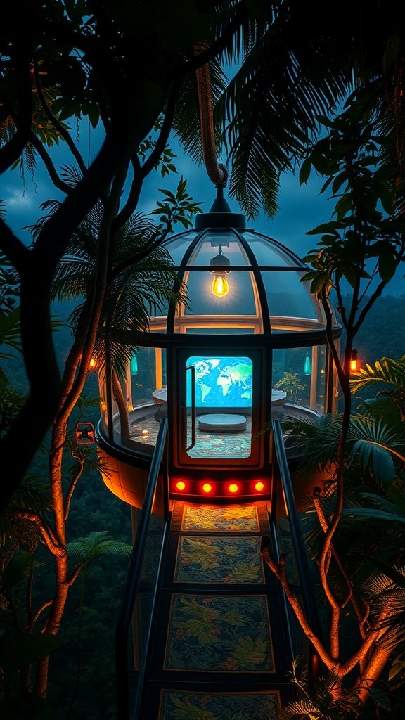 A futuristic pod house in a jungle setting, illuminated at night with a world map inside.