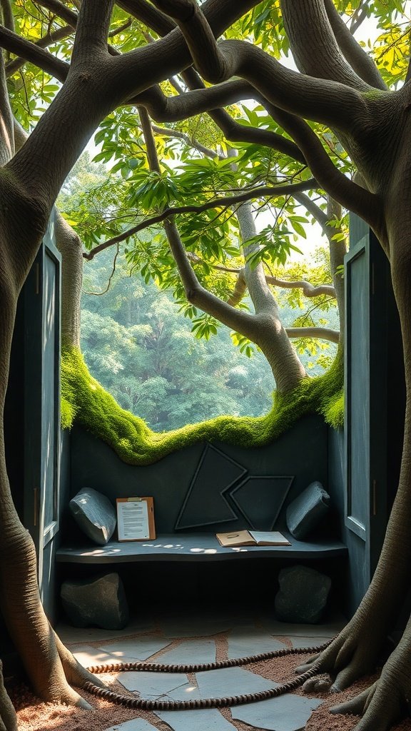 A cozy hanging seat surrounded by ferns and greenery in a Jungle Cubby House.