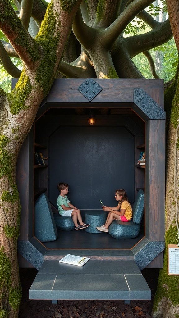 A child sitting inside a cozy jungle cubby house made from tree trunks, with cushions and a clipboard.