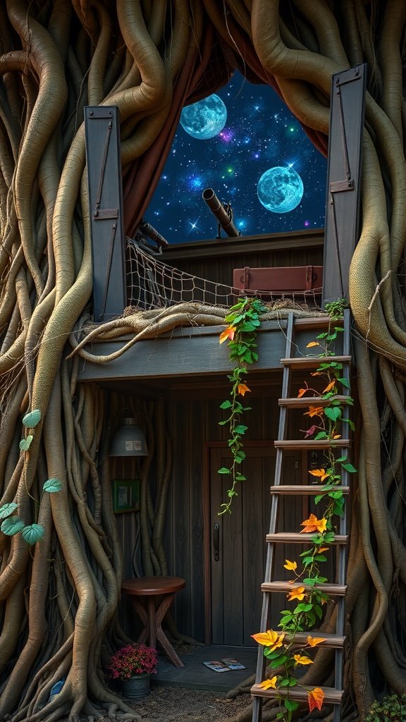 A treehouse loft with large windows, glowing lanterns, and a view of the night sky, surrounded by tree branches.